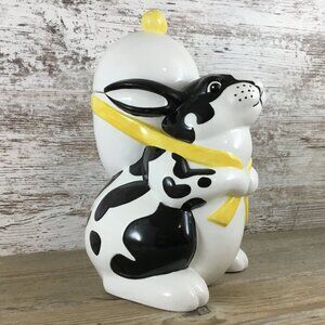 Dept 56 Ceramic Black and White Easter Bunny Cookie Jar With Egg Backpack